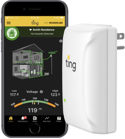 Ting page displayed on mobile phone next to Ting outlet plug-in