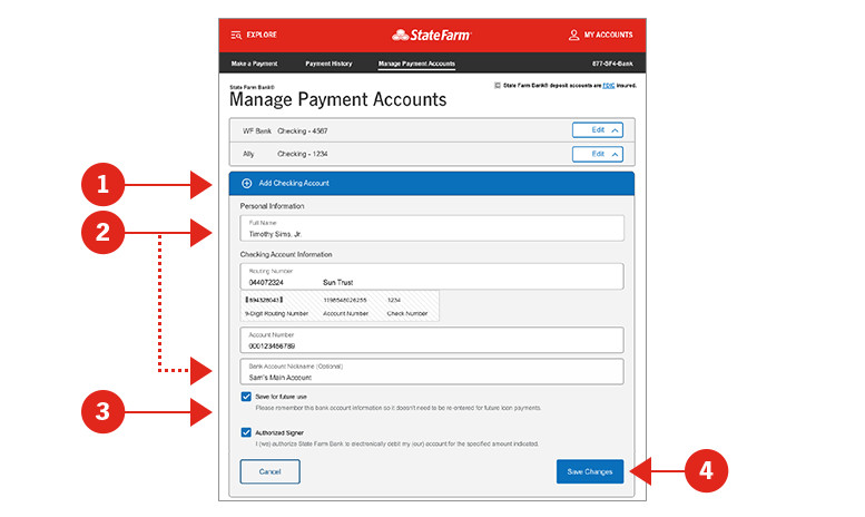 Screen shot of Manage Payment Accounts screen with sections numerically identified and described below.