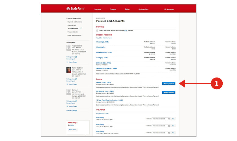 Screen shot of Policies and Accounts screen with sections numerically identified and described below.