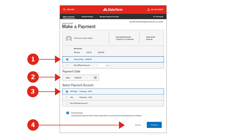 Screen shot of Make a Payment screen with sections numerically identified and described below.