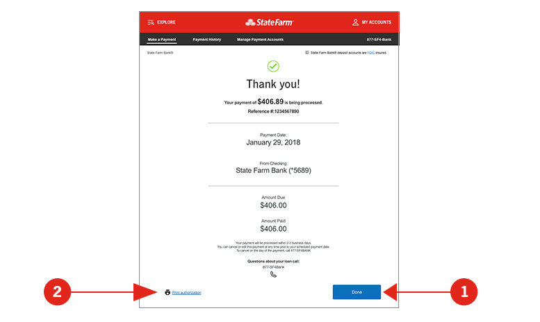 Screen shot of Thank you screen with sections numerically identified and described below.