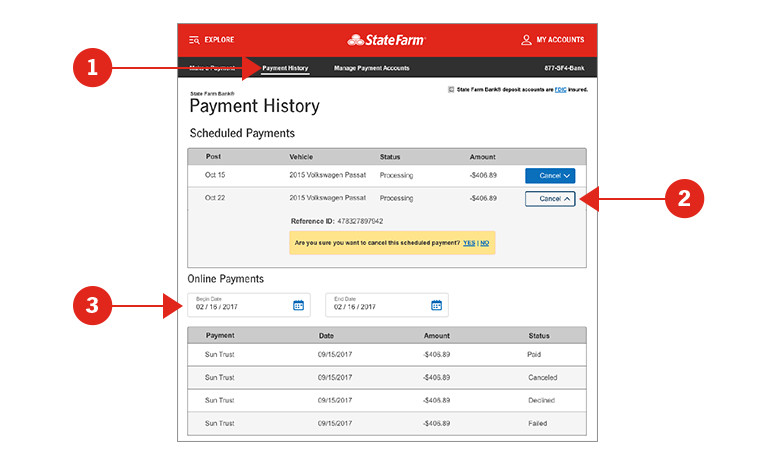 Screen shot of Payment History screen with sections numerically identified and described below.