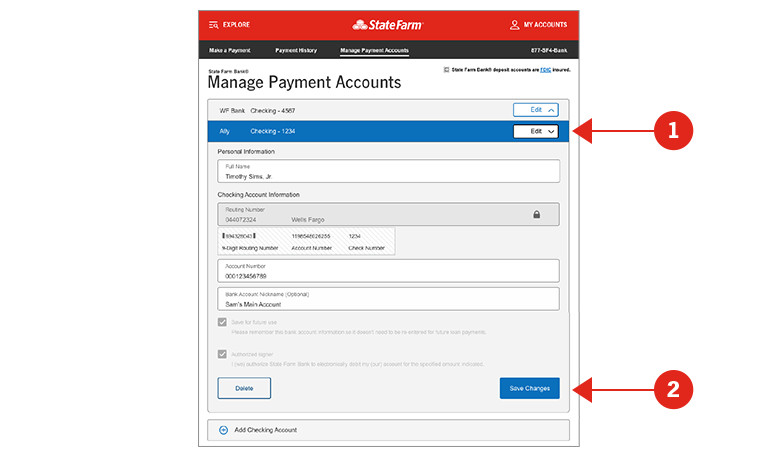 Screen shot of Manage Payment Accounts screen with sections numerically identified and described below.