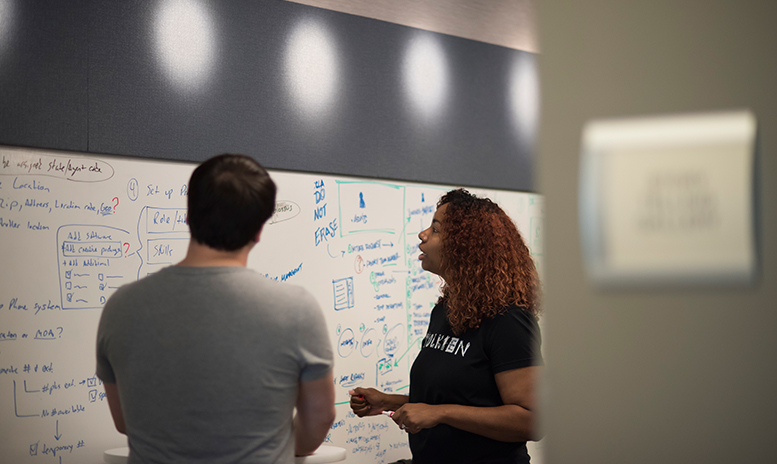 Man and women collaborating on a white board full of ideas