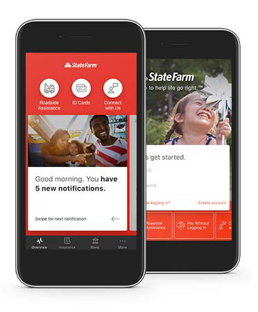Phone with State Farm mobile app displayed.