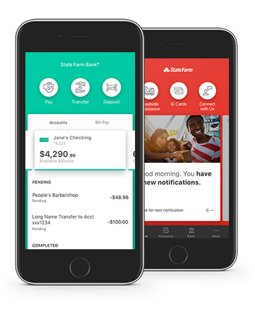 Image showcases banking screens within State Farm mobile app.