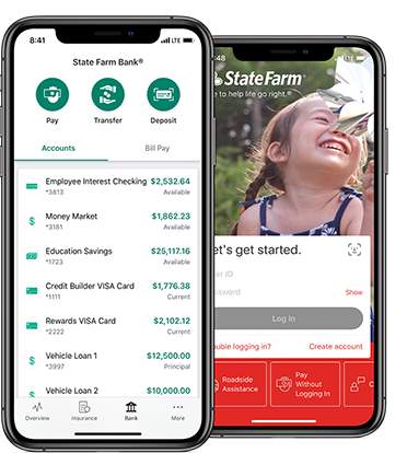 Image showcases banking screens within State Farm mobile app.
