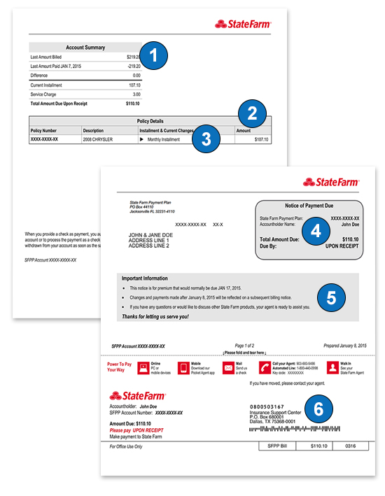 Image of a monthly bill with numbers identifying various sections described below.
